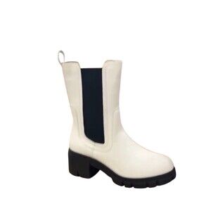 Tinstree Women's Chelsea Boots White Black Elastic Panels Chunky Lug Sole